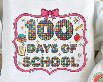 100 días de clases PNG, diseño escolar a cuadros colorido, lindo profesor PNG, sublimación de camiseta de 100 días de jardín de infantes, regreso a clases PNG