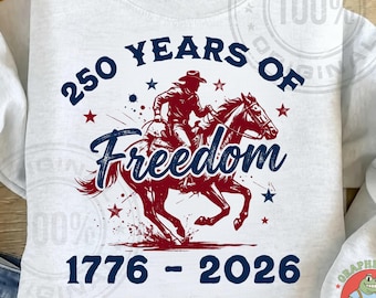 Western 250 Years of Freedom, png, patriottische cowboy 1776-2026 ontwerp, 4 juli Amerika grafisch, vintage western sublimatie, png