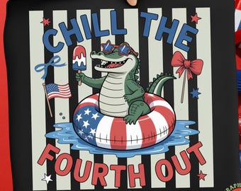 Chill The Fourth Out, grappige alligator van 4 juli, sublimatie patriottische alligator, rood wit blauw zomerontwerp, Amerikaanse onafhankelijkheidsdag, png