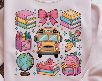 Coquette Ritorno a Scuola PNG / Autobus scolastico pastello e design floreale (Download digitale)
