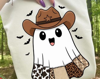 Cowboy Ghost PNG, Western Halloween Sublimation Design, Patchwork Ghost Clipart, Spooky Season PNG, Leopard Cow Print Ghost PNG