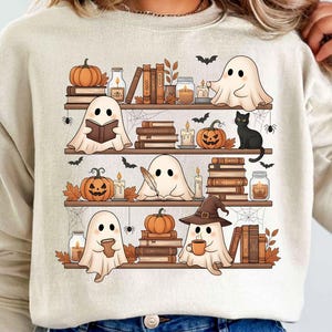 Retro Halloween-bokhylla PNG, Boo-spökläsningsbok, söt Halloween-sublimering, läskig bokälskare PNG-bibliotekshöstdesign
