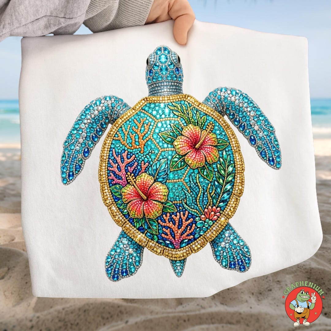 Turtle Shell Bling Rhinestone Sea Turtle PNG, Tropical Hibiscus Turtle Sublimation, Summer ...
