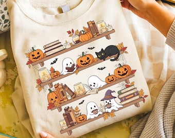 Retro Halloween Bookshelf PNG: Ghost Reading Spooky Book (Digital Download