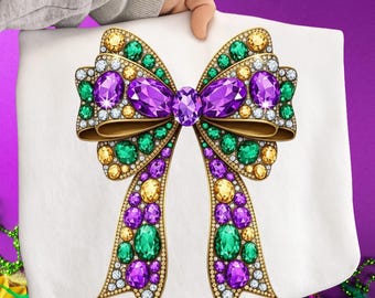 Rhinestone Mardi Gras Bow PNG, Sparkle Crystal Jewel Mosaic Bling Sublimation Design, Purple Green
