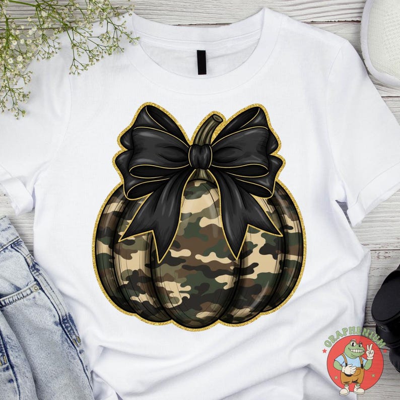 May include: White t-shirt featuring a camouflage pumpkin design with a black bow and gold glitter trim. The pumpkin has a stem and is centered on the shirt. A fun and festive fall-themed graphic tee.