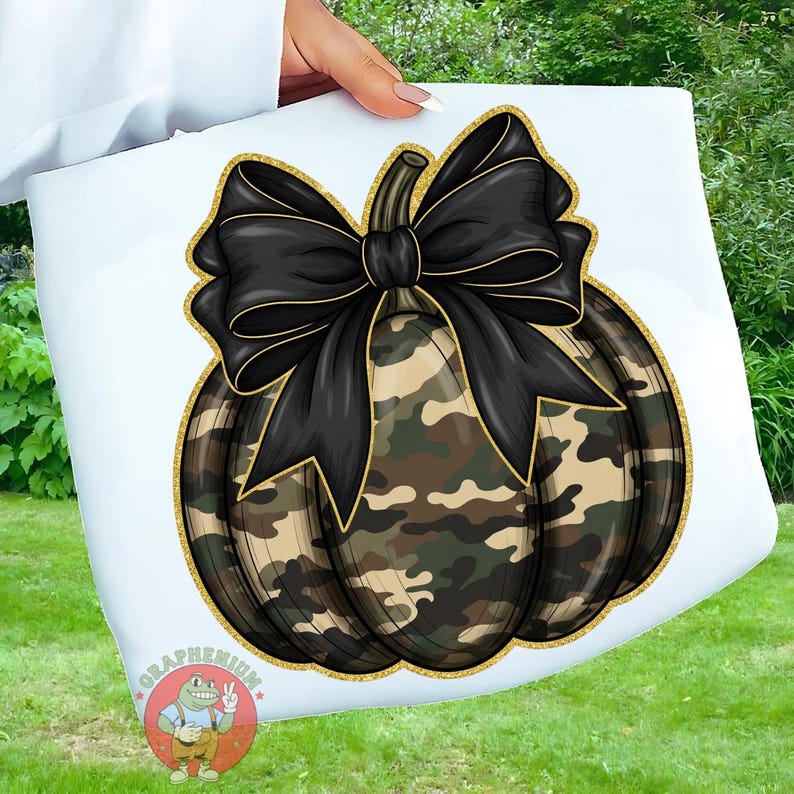 May include: A white tote bag featuring a pumpkin design with a black bow and camouflage pattern. The pumpkin has a gold glitter outline. The bag is held up by a person.