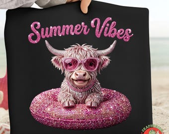 Summer Vibes Highland Cow png, strass koe sublimatie, roze bling koe ontwerp, zwembad float koe, digitale download