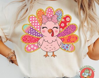 Thanksgiving Brushstroke Turkey PNG, Preppy Glitter Fall Coquette PNG, Cute Thankful Turkey Sublimation, Funny Girly Autumn Design
