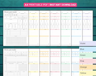 May include: Printable chronic pain tracker with a body outline, pain scale, and space to record pain levels, triggers, and medications. The tracker is available in 8 different colours: violet, blue, green, pink, orange, yellow, and white.