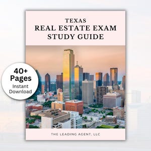 Pode incluir: Um guia de estudo para o Exame Imobiliário do Texas. A capa apresenta uma paisagem urbana com o texto "TEXAS REAL ESTATE EXAM STUDY GUIDE". Um gráfico circular indica "40+ Páginas" e "Download instantâneo".