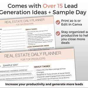 Visual of the real estate planner, sample day, and lead generation ideas