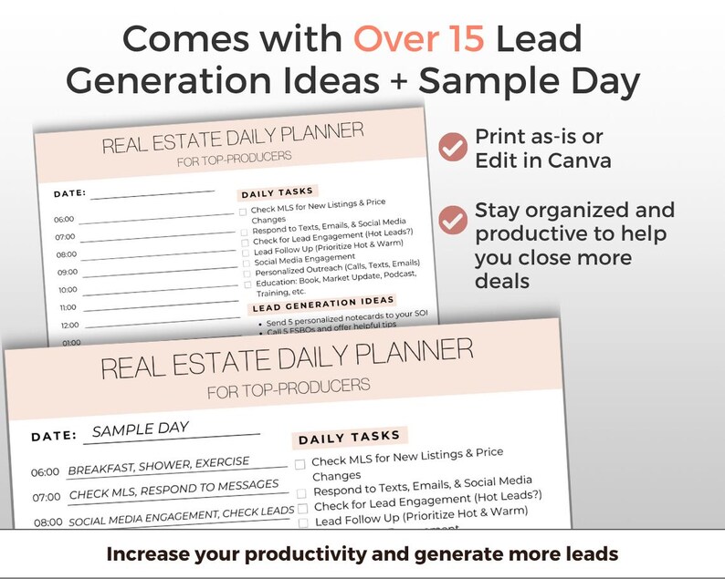 Visual of the real estate planner, sample day, and lead generation ideas