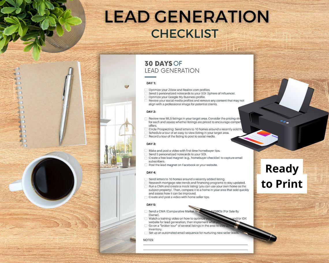 Real Estate Lead Generation Checklist, Action Steps for Daily Lead Generating Activities - Etsy