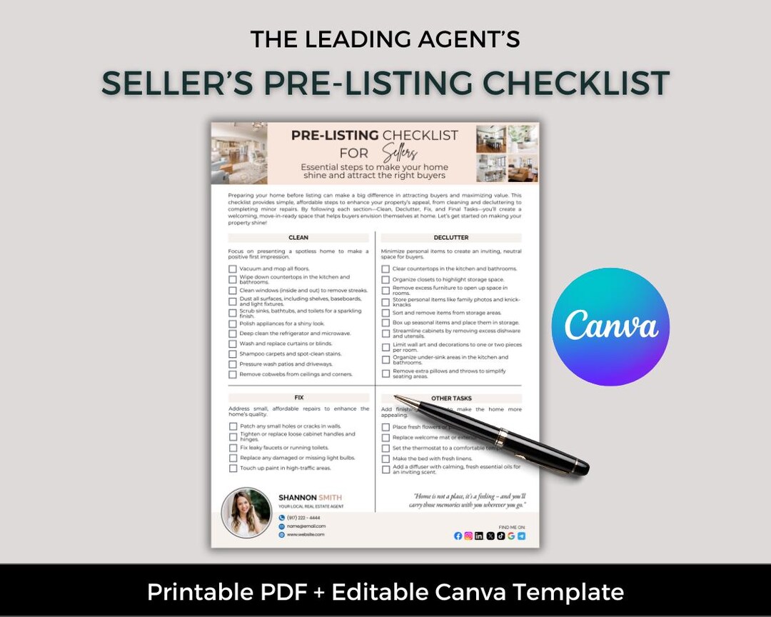 Real Estate Agent Seller Checklist: Printable Home Listing Template ...