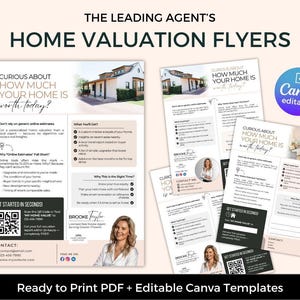 Könnte beinhalten: Immobilienbewertungs-Flyer mit dem Text "THE LEADING AGENT'S HOME VALUATION FLYERS". Die Flyer enthalten den Text "CURIOUS ABOUT HOW MUCH YOUR HOME IS worth today?" und "Ready to Print PDF + Editable Canva Templates". Ein Stift befindet sich links.
