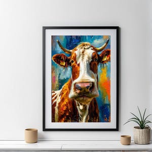 Bunter Kuhkopf Kunstwerk Digitaler Download | Abstrakte Bauernhof Tier Kunstdruck | Kuh Gemälde Poster | Einzigartige Wandkunst Dekoration