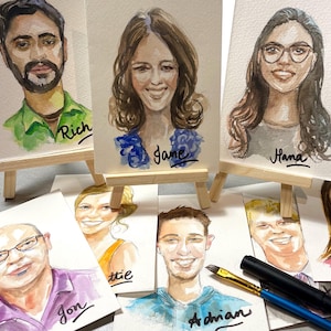 Tarjetas de lugar para bodas, retratos personalizados de invitados, originales, pintadas a mano en acuarela sobre papel. No son digitales.
