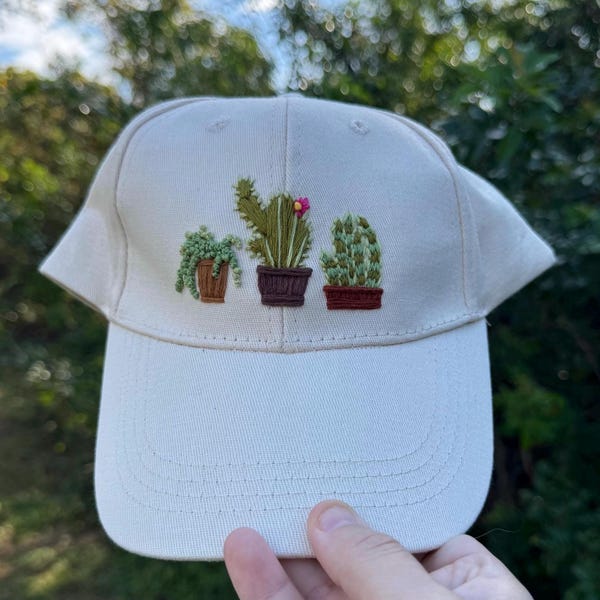 Hand Embroidered Potted Succulent and Cactus Baseball Cap