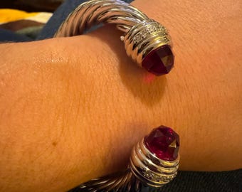 Silver Cuff Bracelet- red and pearl color stone