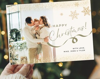 Glamourous Christmas Photo Card template, Holiday Card, Photo Christmas Card, Instant Download, Merry Christmas, Happy Holidays, GlitterGold