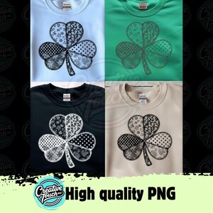 Peut inclure: Quatre t-shirts, bleu clair, vert, noir et beige, chacun avec un motif de trèfle détaillé. Les trèfles ont un motif patchwork avec des détails floraux et à pois. Le texte "High quality PNG" est en bas.