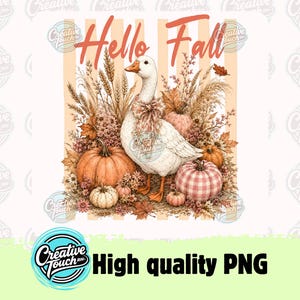Peut inclure: Un design graphique numérique représentant une oie blanche portant un nœud, entourée de citrouilles orange et roses, de blé séché et de feuilles d'automne. Le texte Hello Fall est écrit en écriture cursive sur des rayures verticales pêche.