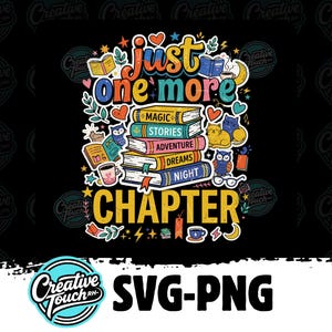 Peut inclure: Un design graphique coloré représentant une pile de quatre livres avec le texte 'just one more CHAPTER' et 'MAGIC STORIES ADVENTURE DREAMS NIGHT' sur les tranches. L'illustration inclut des icônes de hiboux, chats, cœurs, étoiles et tasses.