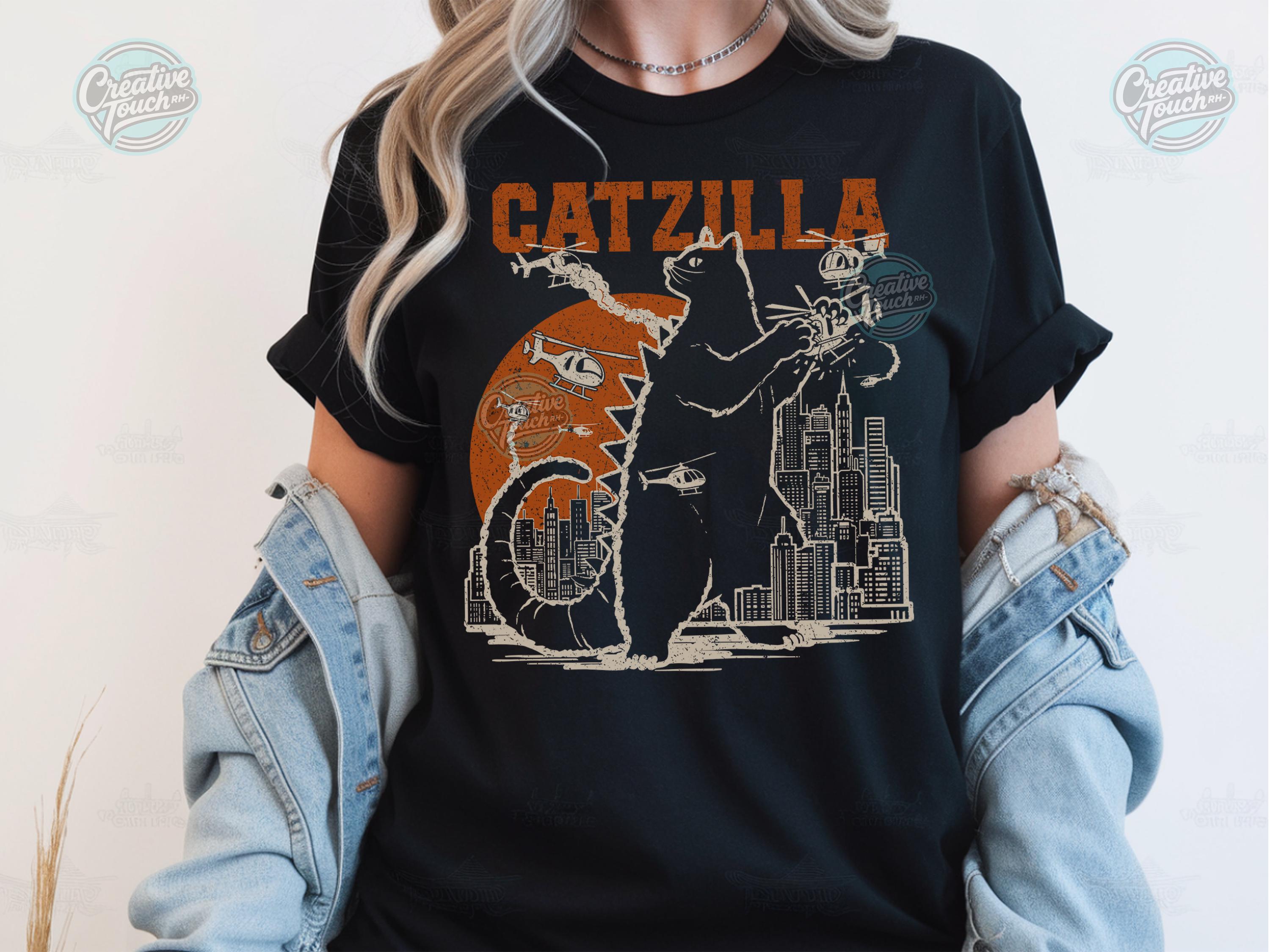 Catzilla PNG, Funny Cat Parody Design - Retro Monster Cat Cityscape ...