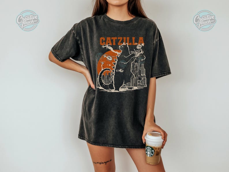 Catzilla PNG, Funny Cat Parody Design - Retro Monster Cat Cityscape ...