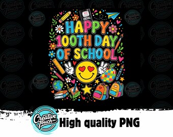 Happy 100th Day of School SVG, Heart Eyes Smiley Face Sublimation, Teacher 100 Days Digital Download, Colorful School Doodles PNG