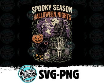 Spooky Season Halloween Nights SVG PNG, Vintage Haunted House Graphic, Retro Cat Pumpkin Sublimation Design, Spooky Apparel Cut File