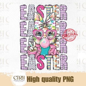 Peut inclure: Graphique de Pâques coloré avec un lapin portant des lunettes en forme de cœur et soufflant une bulle. Le mot "EASTER" est affiché verticalement dans un motif patchwork. L'image comprend également le texte "High quality PNG".