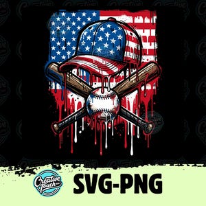 Patriotic Baseball PNG Design - American Flag Baseball Cap & Crossed Bats Sublimation Graphic - 4th of July Sports Tee Design