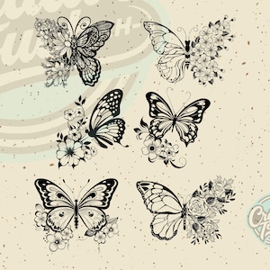 Peut inclure: Une collection de six illustrations de papillons en noir et blanc, chacune présentant des motifs floraux complexes intégrés dans les ailes. Les designs incluent diverses formes d'ailes et des éléments botaniques comme des fleurs sur un fond tacheté.