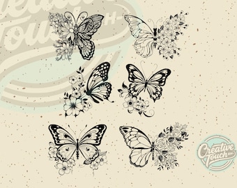 Butterfly Tattoos SVG PNG Bundle, Floral Butterfly Stencil, Botanical Butterfly Line Art, Tattoo Flash Design, Cricut Cut Files, Digital