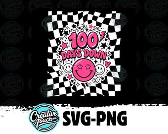 100 Days Down Shirt SVG, 100th Day of School Teacher Shirt PNG, Y2K Checkerboard Design, Retro Groovy Kids School File