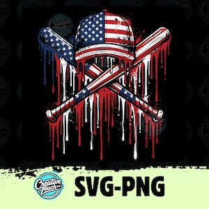 Patriotic Baseball Drip SVG, American Flag Baseball Cap with Crossed Bats Graphic, 4th of July Sports T-Shirt Design, Distressed USA Fan Tee