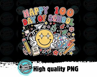 Happy 100 Days of School Sublimation Design, Teacher 100th Day SVG, Smiley Face Apple PNG, Retro School Doodles, Instant Download