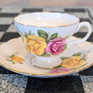 Vintage Aynsley Fine English Bone China Tea Cup and Saucer, White Floral, Pink and Yellow Roses