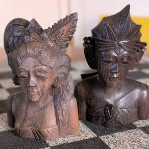 Vintage Wood Hand Carved Busts, Man and Woman, Indonesia Carving, Handcrafted Solid Wood