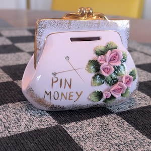 Vintage Pin Money Bank, Norcrest 50s Ceramic Pink & Gold Handbag Purse Bank, Vintage Coin Bank