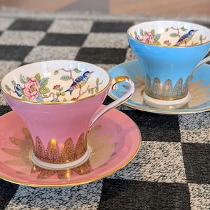 Vintage Aynsley Fine English Bone China 2943, Blue and Pink with Gold Trim, Bluebirds/Floral, Cups and Saucers- Set of 2