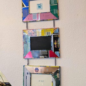 Vintage Recycled Tin Picture Frame, Chain, 3 Frames, 4x6&quot;, Colorful Labels and Ads