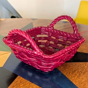 Vintage Ceramic Red Lattice Open Weave Bread Basket/ Fruit Bowl Pottery with handles 9&quot; X 9&quot;