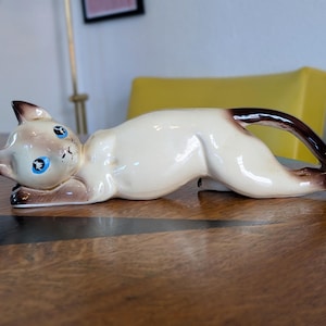 Vintage MCM Ceramic Laying Stretching Siamese Cat Figurine, Hand Painted
