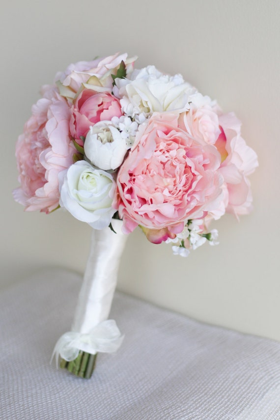 Items similar to Silk Bride Bouquet Peony Flowers Pink Peach Spring Mix ...