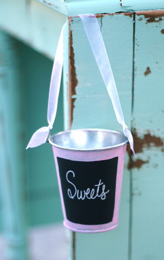 Items similar to Tin Bucket Basket With Chalkboard Front Wedding Decor (item P10408) on Etsy