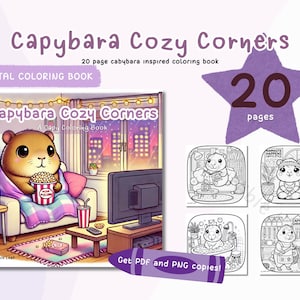 Pode incluir: Um livro de colorir digital com 20 páginas de ilustrações de capivaras em ambientes aconchegantes. A capa mostra uma capivara assistindo televisão com pipoca e uma bebida. O texto da capa diz "Capybara Cozy Corners: A Capy Coloring Book".