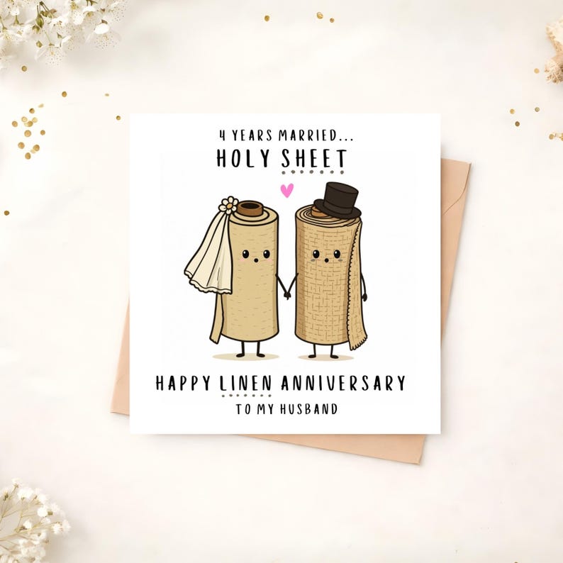 May include: A square greeting card featuring two cartoon linen rolls holding hands. The left roll wears a white veil, and the right roll wears a black top hat. Text reads: 4 YEARS MARRIED... HOLY SHEET. HAPPY LINEN ANNIVERSARY TO MY HUSBAND.